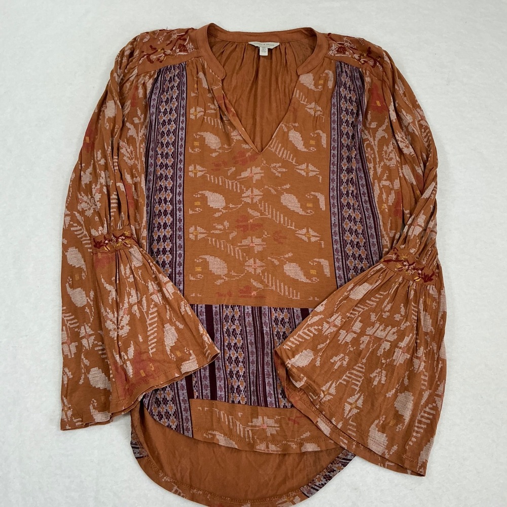 Lucky Brand Terracotta Orange Ikat Print Bell Sleeve Embroidered Blouse Small